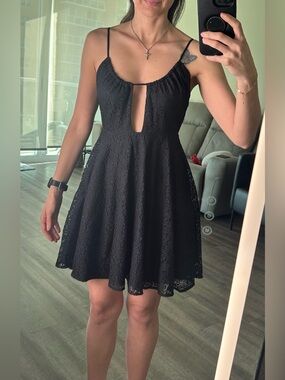 Black Lace A-Line Mini Dress with Front Cutout